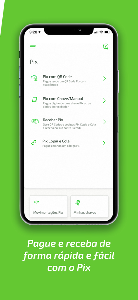 Sicredi para smartphone - Un smartphone affichant le menu de paiement instantané Pix dans l'application bancaire mobile Sicredi.