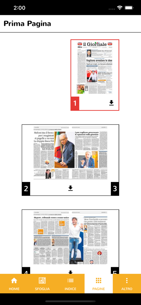 il Giornale Digitale - Digital newspaper page thumbnails in the il Giornale app interface