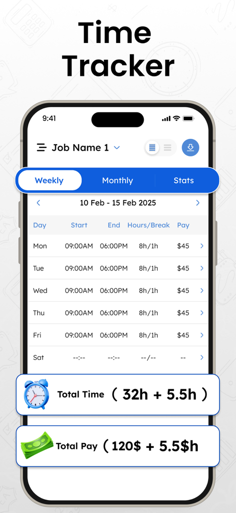 Interface móvel do aplicativo Rastreador de Tempo mostrando um resumo das horas de trabalho e ganhos semanais