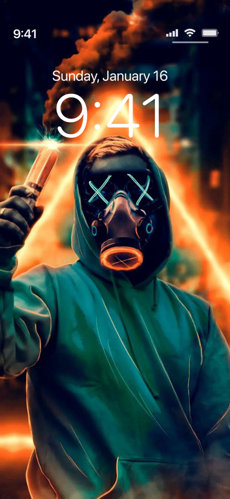 Cyberpunk urban wallpaper with a neon glowing mask and smoke on an iPhone lock screen