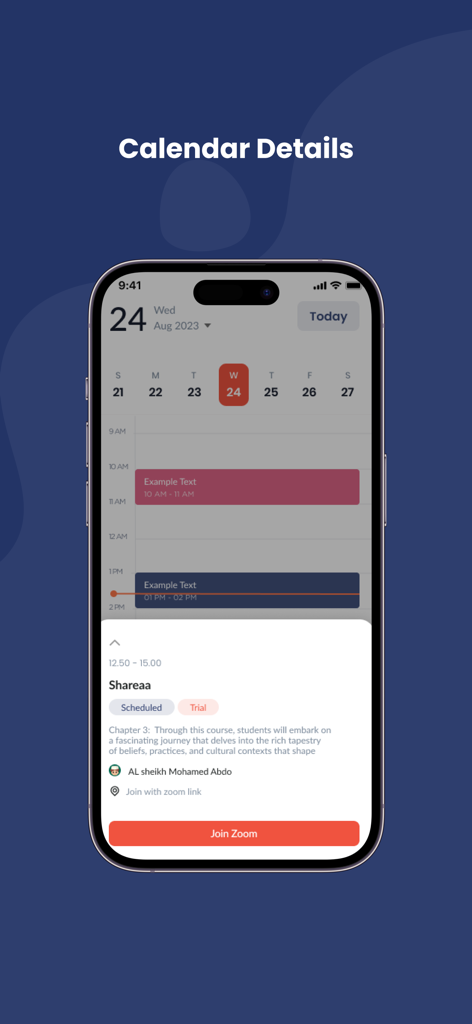 Noor institute - Interfaz de la aplicación del Instituto Noor que muestra un horario diario con un botón para unirse a Zoom para una clase de estudios islámicos