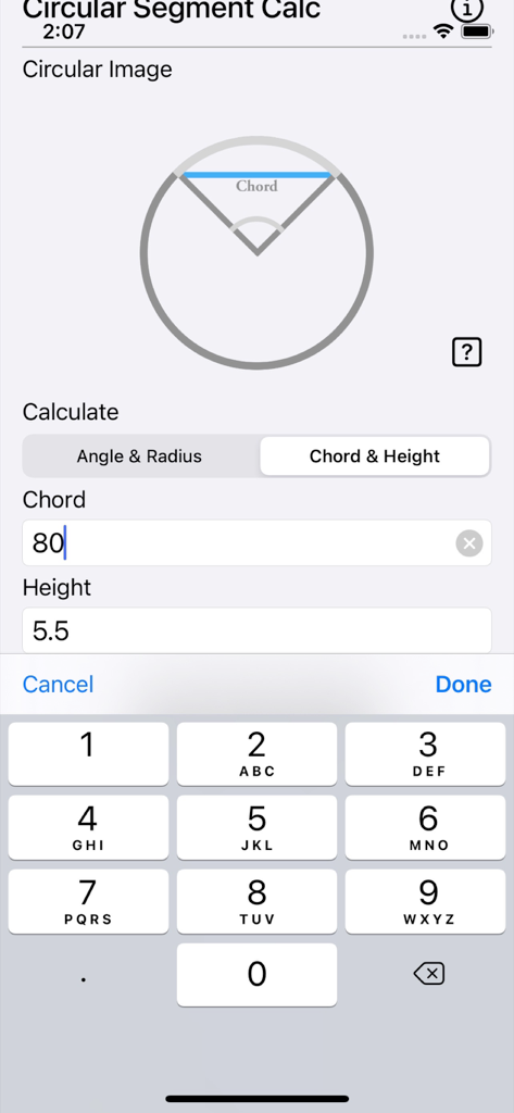 Circular Segment Calculator - Circular Segment Calculator app interface with numeric inputs for chord and height