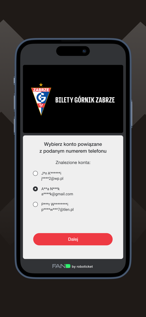 Bilety Górnik Zabrze - Account selection screen in the Bilety Gornik Zabrze football ticketing app