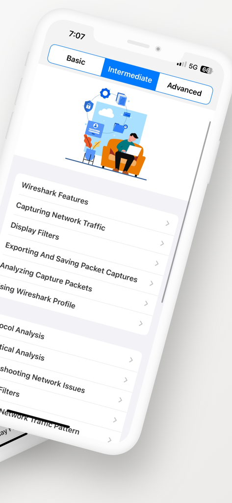 Screenshot of the Learn Wireshark app interface showing intermediate level modules including network traffic capture and packet analysis