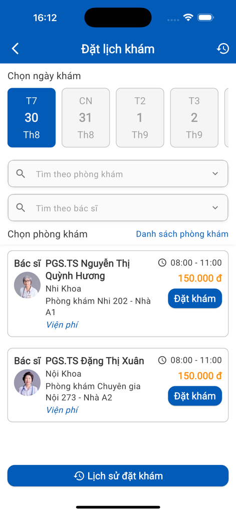 Y Khoa Việt Đức - Interface of the Y Khoa Viet Duc app showing the medical appointment booking screen with a list of available doctors and dates.