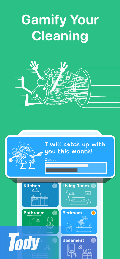 Pantalla de la aplicación Tody que demuestra las tareas gamificadas de limpieza del hogar organizadas por habitaciones como cocina y baño.
