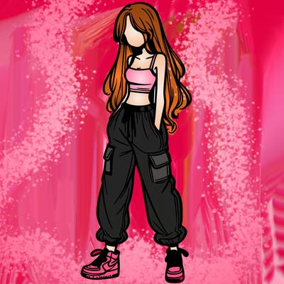 girl in baggy pants crop top and long hair