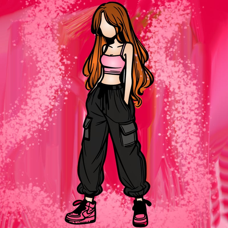 girl in baggy pants crop top and long hair