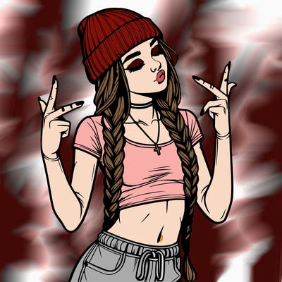 realistic teenage girl with braids and a beanie and crop top doing 🫶🏼