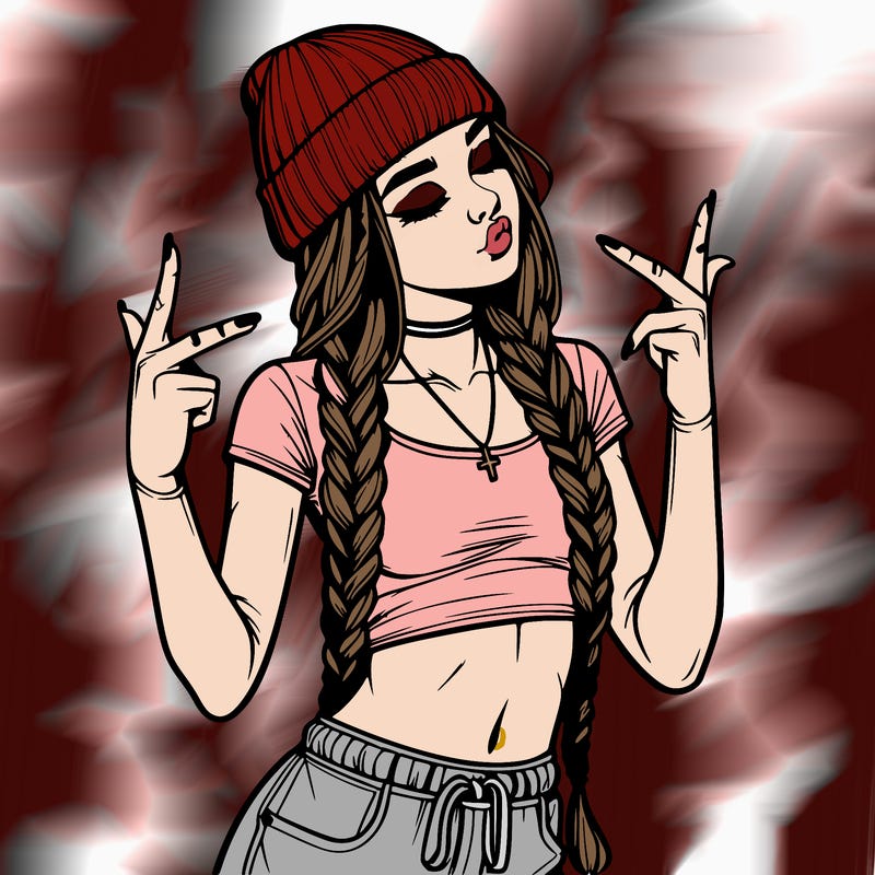 realistic teenage girl with braids and a beanie and crop top doing 🫶🏼