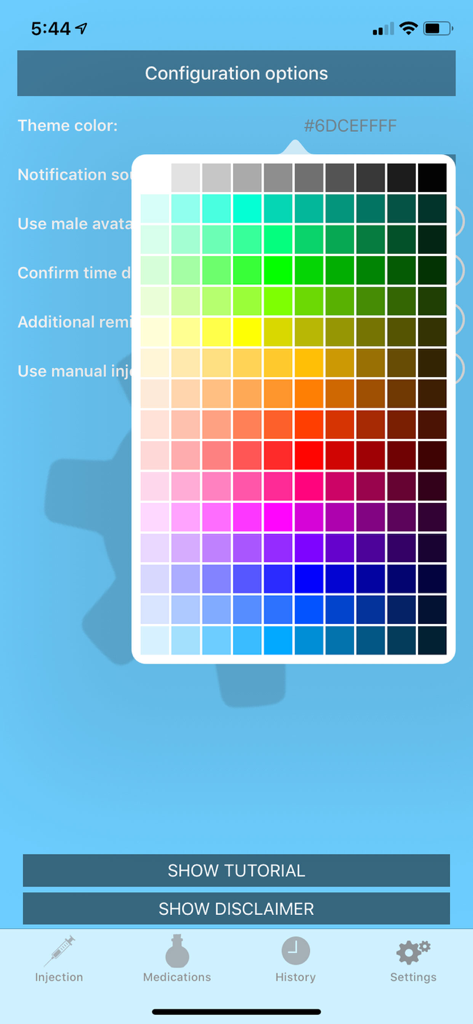 Injection Reminder app configuration screen showing a color palette for theme customization