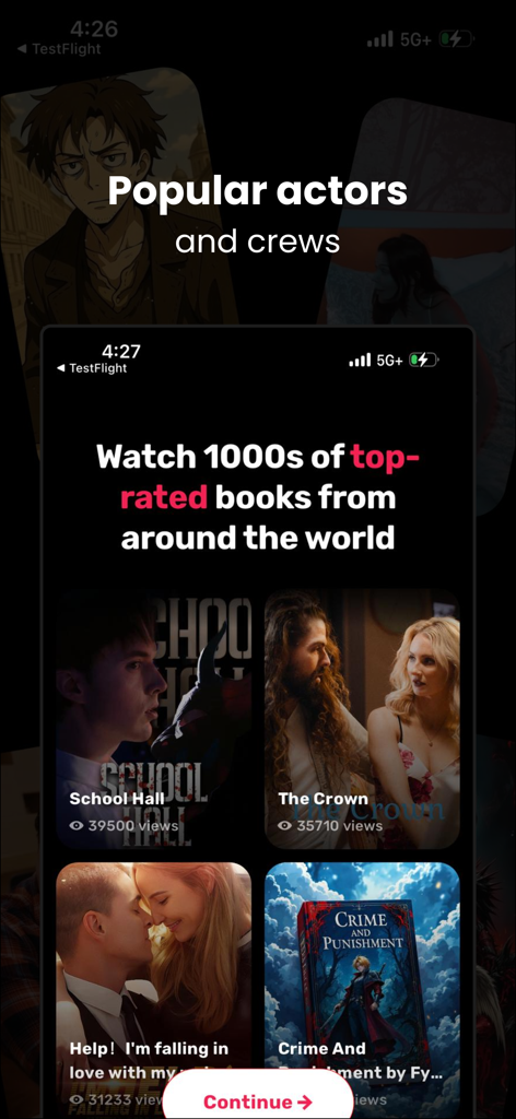 Booktok App-Oberfläche, die eine Vielzahl von Top-bewerteten Video-Buchzusammenfassungen wie 'Schuld und Sühne' zeigt