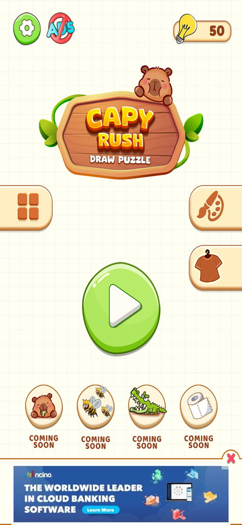 Main menu screen of Capy Rush Race Draw Puzzle game with a cute capybara character and a large green play button