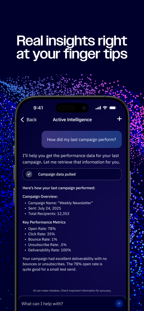 Smartphone screen showing ActiveCampaign AI assistant providing marketing campaign performance metrics