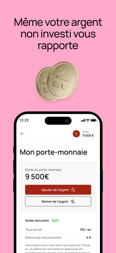 La Première Brique - La Premiere Brique app wallet interface showing balance and interest earning features for uninvested money