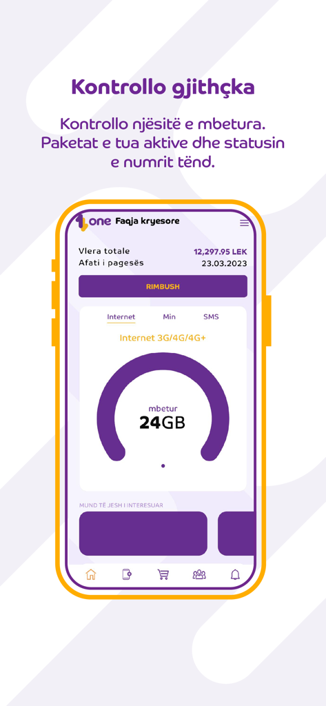 My One (AL) - Panel de la aplicación My One AL mostrando 24 GB de datos restantes y saldo de cuenta en LEK