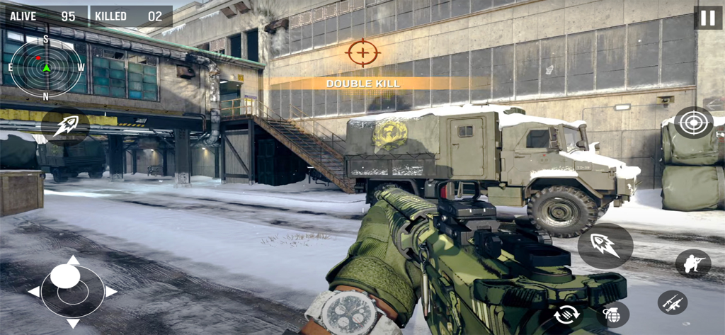 Fps Commando Shooting Gun Game - A first person view of a shooting game mission in a snowy military environment