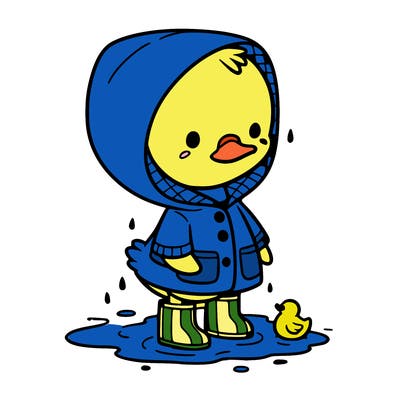 baby duck in a rain coat and boots, in a puddle while it’s raining