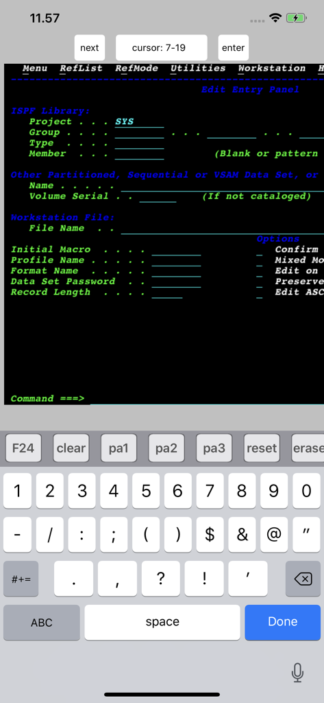 TN3270 terminal emulator displaying an ISPF Edit Entry Panel interface