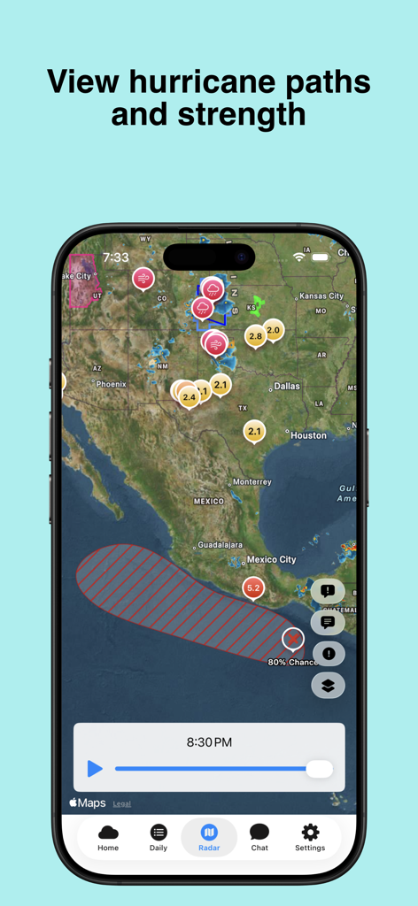 WeatherAI - Forecast & Radar - Mapa de la aplicación meteorológica que muestra la trayectoria y la intensidad prevista del huracán