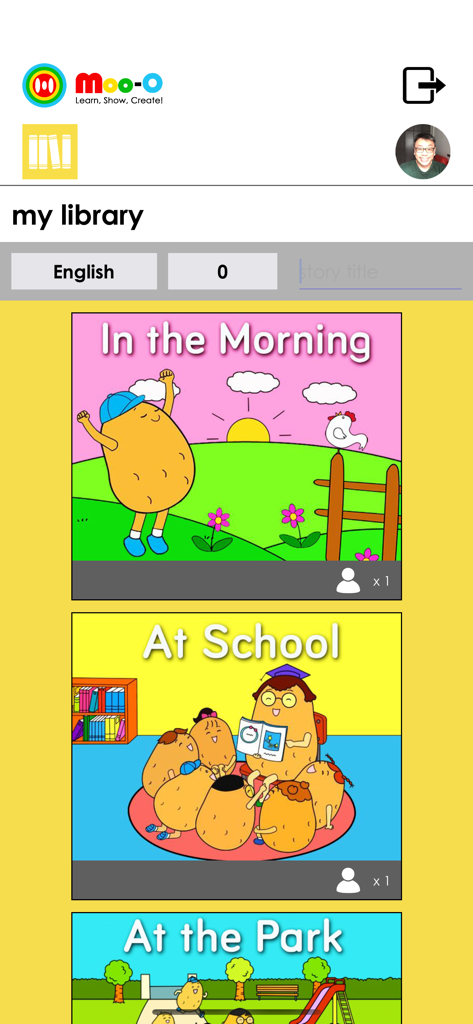 Moo-O - Digital library screen in Moo-O app showing illustrated storybooks like In the Morning and At School