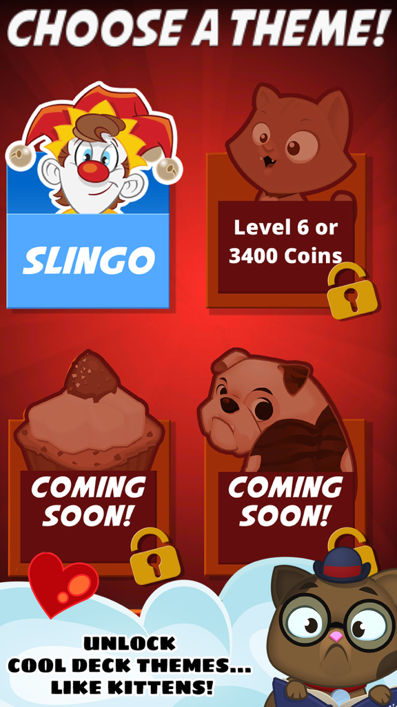 Slingo Showcase theme selection screen showing a joker mascot and locked deck themes like kittens and cupcakes.