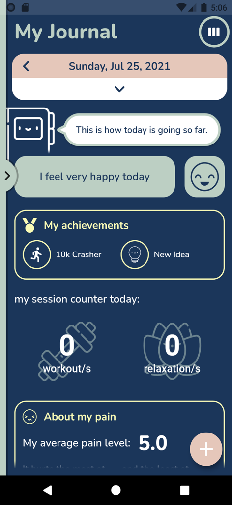 My Fibro Journal - Dashboard of the My Fibro Journal app showing daily mood achievements and pain level tracking