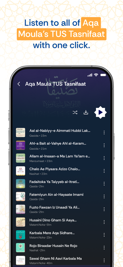 Sautuliman - صوت الايمان - Sautuliman app screenshot displaying a religious audio playlist of Aqa Maula TUS Tasnifaat including Qasida and Nasihat tracks
