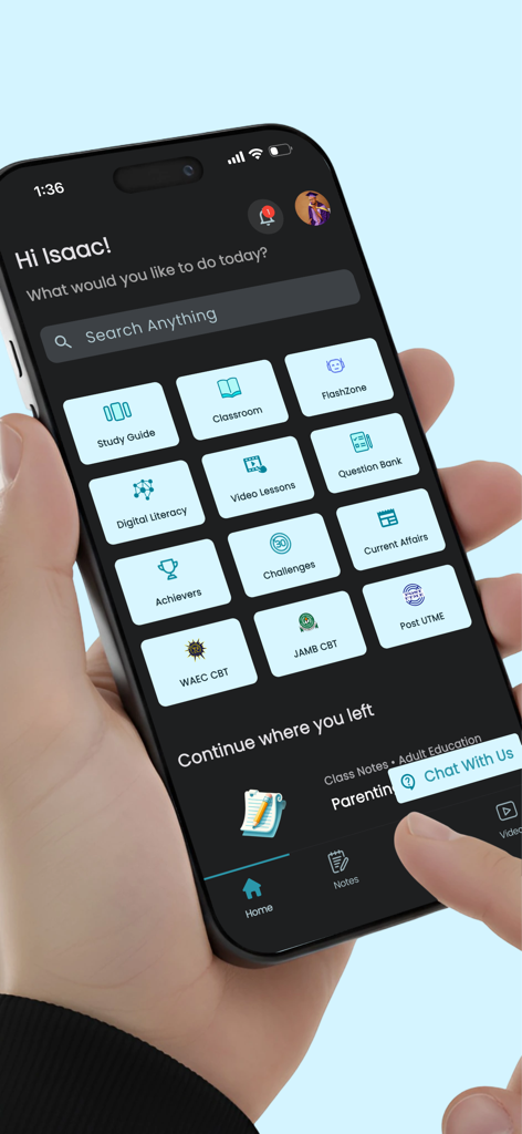 FlashLearners: Study & CBT - FlashLearners mobile app dashboard showing various study features including video lessons, exam practice, and study guides