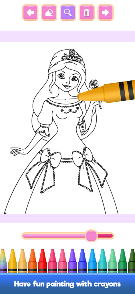 Magic Princess Coloring Book . - Magic Princess Coloring Book app interface showing a princess drawing being colored with digital crayons