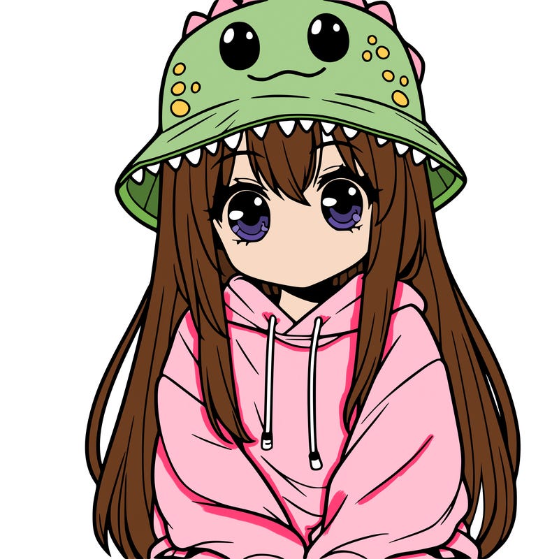 girl with anime shaped eyes with a dinosaur bucket hat oversized sweatshirt long straight hair
