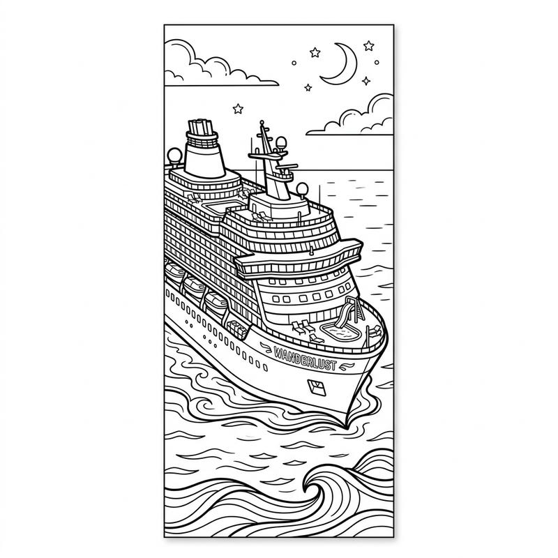 All aboard for creativity with this detailed cruise ship coloring bookmark! Perfect for maritime enthusiasts, this printable allows you to bring a grand vessel and starry night sky to life with your favorite colors.