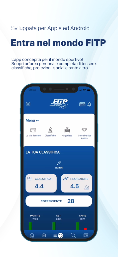 MyFITP - Dashboard dell'app mobile MyFITP che mostra le classifiche di tennis e le statistiche delle partite.