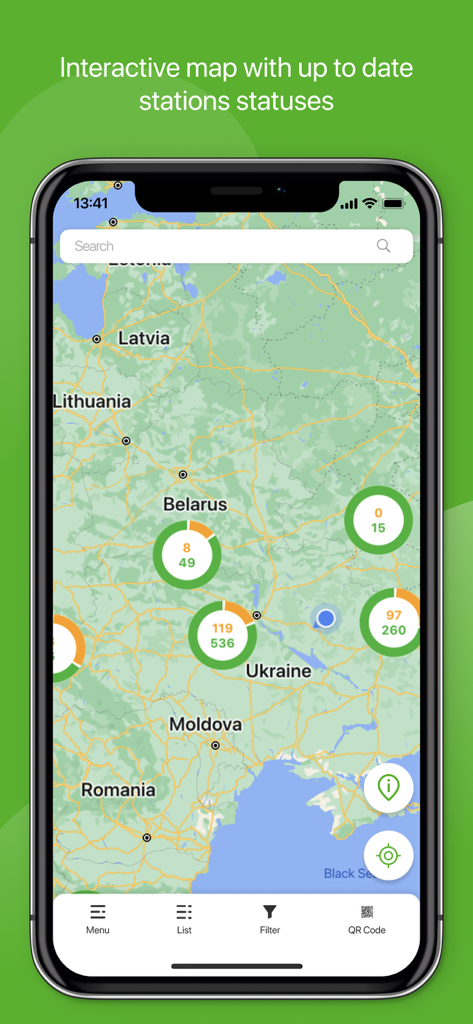 Greencar.me Charge - Greencar.me Charge muestra un mapa interactivo con estados de disponibilidad de estaciones de VEs en tiempo real