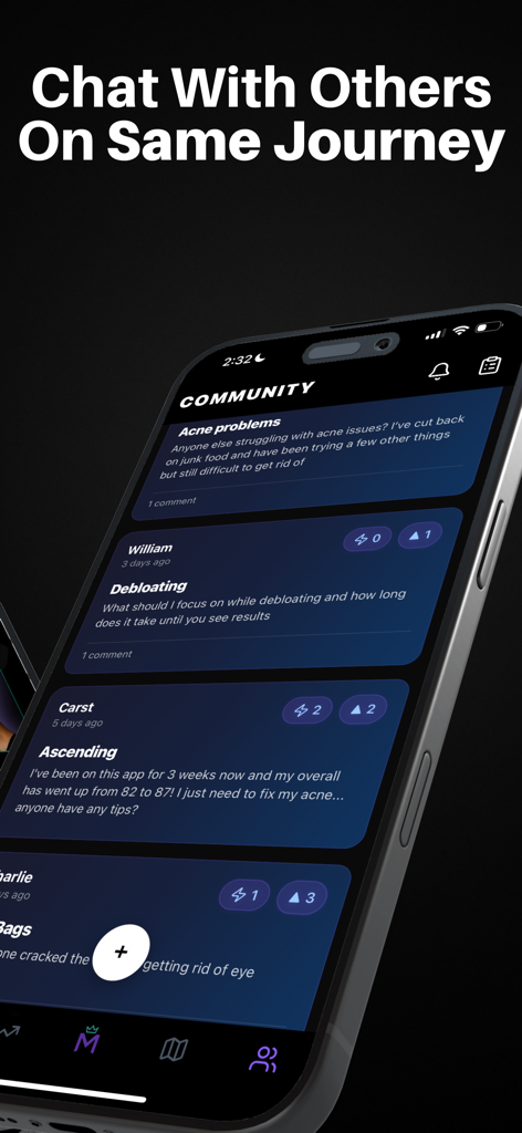 Mogged app community forum screen where men discuss skincare debloating and personal growth