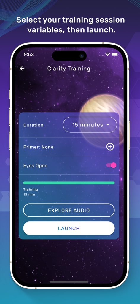 Sens.ai Brain Training - Smartphone screen showing the Clarity Training session setup in the Sensai app with duration and eye toggle options.