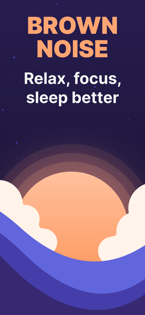 Noise Machine - Brown, White - Noise Machine app interface showcasing brown noise for relaxation and focus with a sunset and cloud graphic.