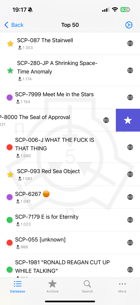 SCP Foundation Archive nn5n - A list of top rated SCP anomalies within the SCP Foundation Archive mobile app interface.