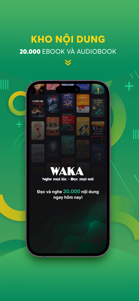 Waka 4.0 – Ebook & Audiobook - Waka 4.0 app screen showing a library of 20000 Vietnamese ebooks and audiobooks on a smartphone