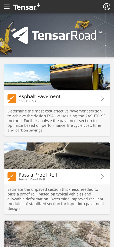 Tensar+ - Tensar plus mobile app interface showing asphalt pavement and proof roll design modules