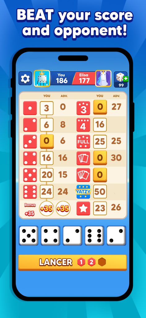 Gameplay screen of Yatzy Royal showing a scorecard and dice roll against an online opponent