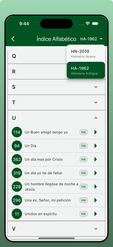 Himnario Adventista 7mo Día - Alphabetical index of Spanish Seventh-day Adventist hymns in the mobile app showing the 1962 and 2010 version selector