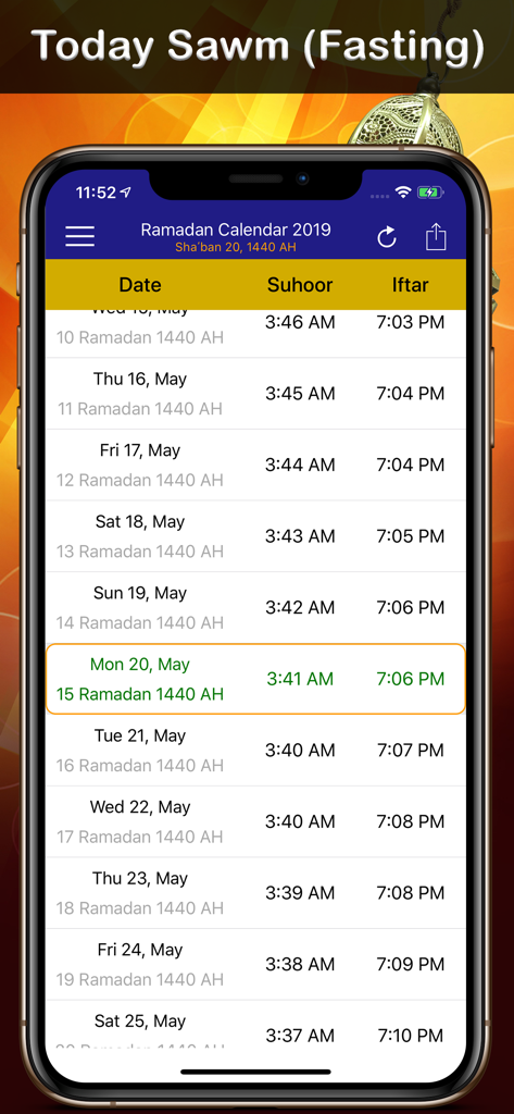 Mobile app screen showing a daily calendar of Suhoor and Iftar fasting times during Ramadan.
