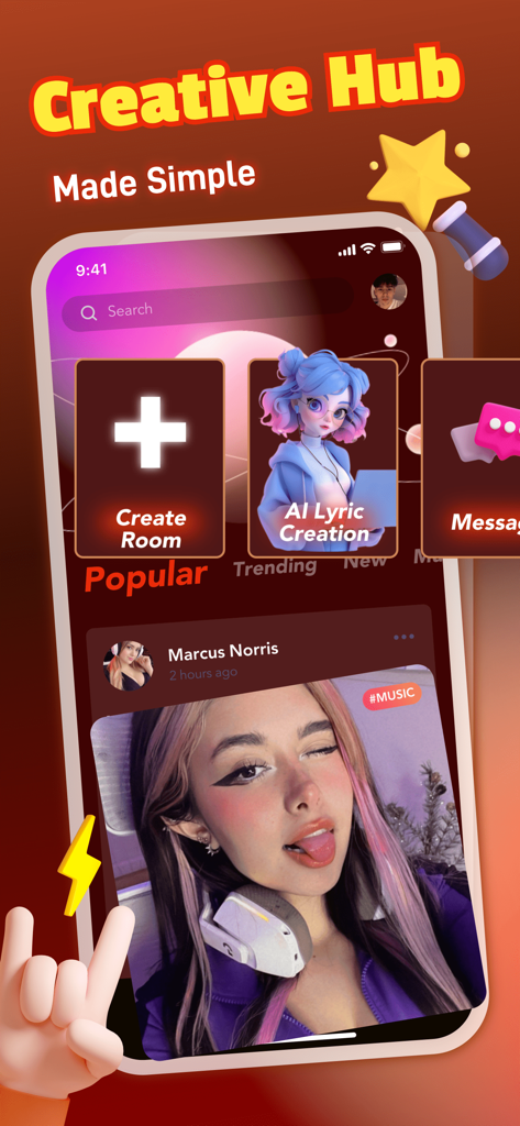 Maobe app Creative Hub interface featuring AI lyric creation and a popular music feed with user content