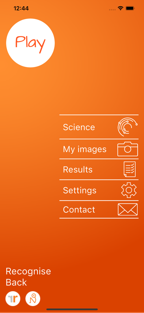 The home screen of the Recognise Back app showing the main menu and play button on an orange background.
