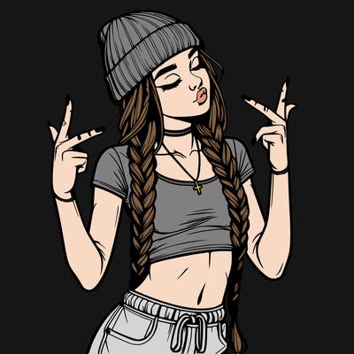 realistic teenage girl with braids and a beanie and crop top doing 🫶🏼