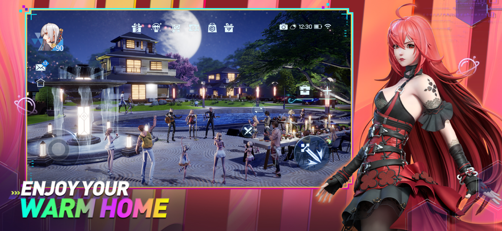 Anime-Charaktere, die sich in einem mondbeschienenen Garten versammeln, mit dem Text Genießen Sie Ihr warmes Zuhause in Dragon Raja