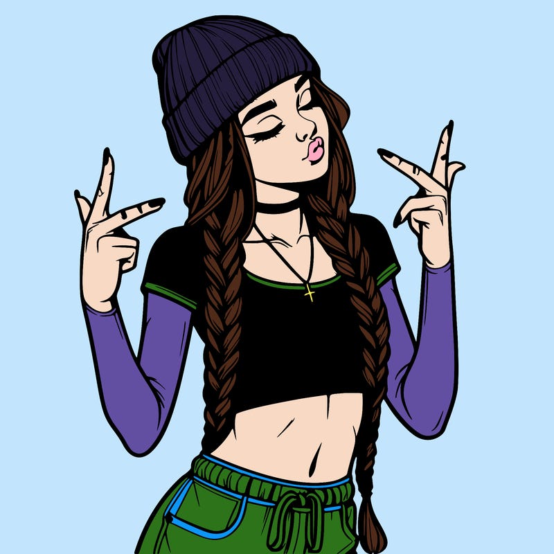 realistic teenage girl with braids and a beanie and crop top doing 🫶🏼