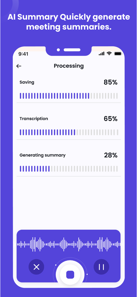 Voice Notes Ai-Speech to Text - AI 회의 요약 저장, 녹취 및 생성을 위한 진행률 표시줄을 보여주는 모바일 앱 인터페이스