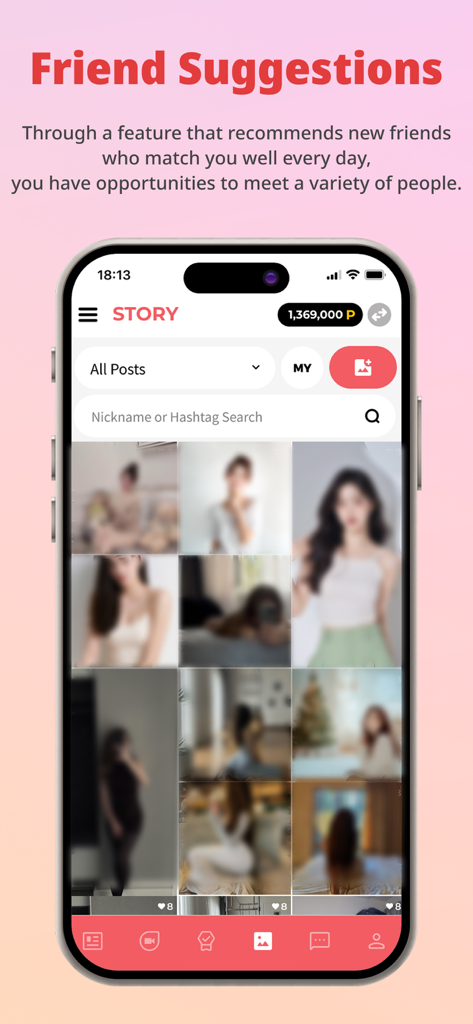 ViewChat app screen showing friend suggestions with a story feed of profile photos.